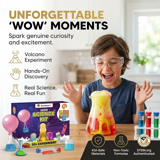 Junior Science Kit for Kids Ages 4-8, 50+ STEM Experiment Kit with Color Mixing, Fizzy Reactions & Surprise Activity, Educational DIY Science Toy, Learning Gift for Boys & Girls
