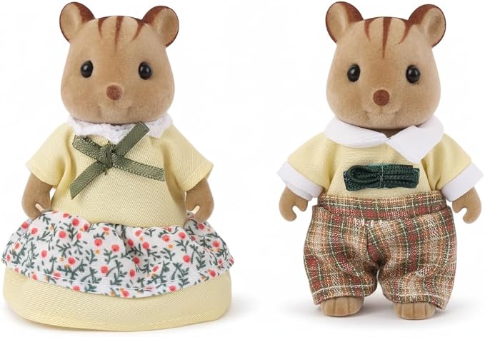 Family Brown Chipmunk Figures — Set of 2 Collectible Flocked Mini Dolls with Removable Clothes, Dollhouse Pretend Play Set for Kids Ages 3+