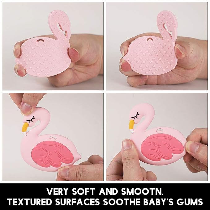 Baby Food Grade Silicone Teether Toy with Pacifier Clip Holder,Teething Pain Relief Toys Gift Set for 3 Months+ Boys and Girls,Freezer Safe,BPA Free (Pink Flamingo)