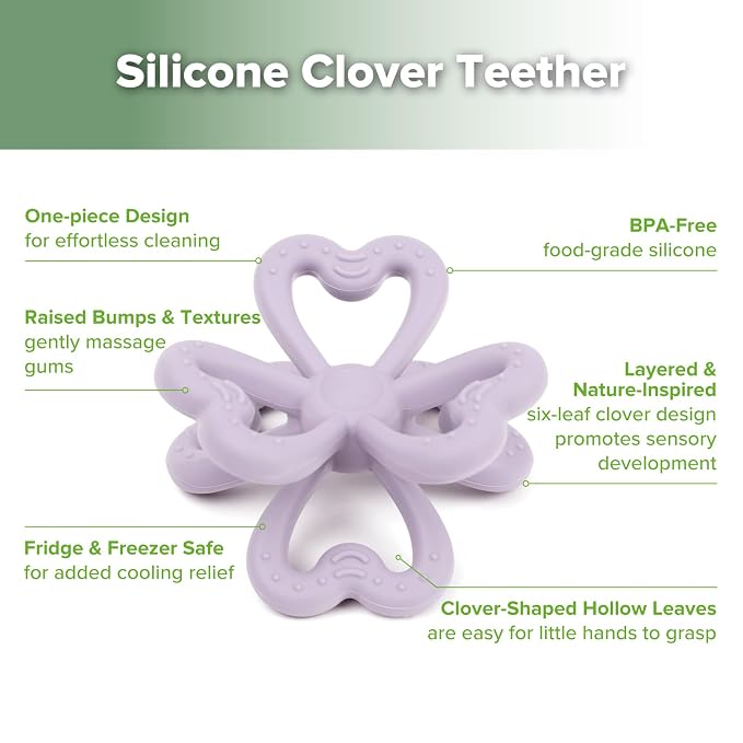 Haakaa Silicone Clover Teether - Food Grade Silicone Teething Toys for Babies 3-6 Months 6-12 Months, Soft & Easy Hold Chew Toy for Infant, BPA Free (Lavender)