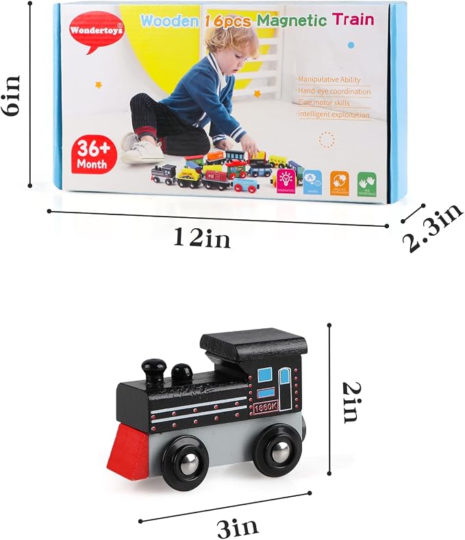 Wondertoys Wooden Train Set 16 PCS Train Toys Magnetic Set Includes Storage Bag - Wooden Track Accessories - Wooden Magnetic Car Set for Toddlers Kids Boys and Girls