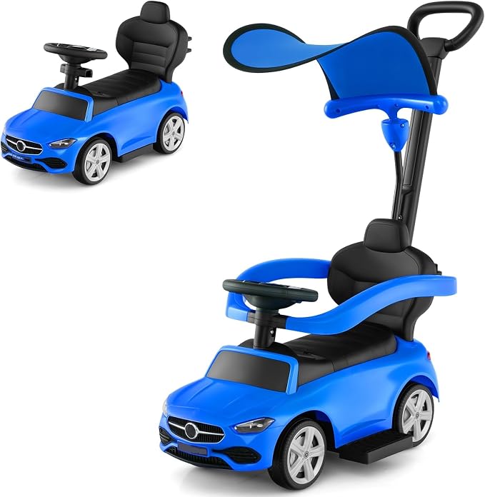 OLAKIDS Push Car for Toddlers, 3 in 1 Licensed Mercedes Benz Baby Sliding Walking with Parent Control Handle Adjustable Canopy Guardrail Under Seat Storage, Kids Ride on Toys with Horn (Blue)