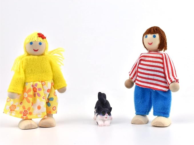 Jzszera Wooden Dollhouse People, 2-4 inches Doll House Dolls Family with 2 Pets (Dog and Cat)