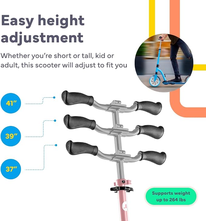LaScoota Kick Scooter for Kids Ages 6+, Teens & Adults, Large 8" Sturdy Urethane Wheels. Adjustable Handlebar, Lightweight, Foldable, 220lbs Max Load