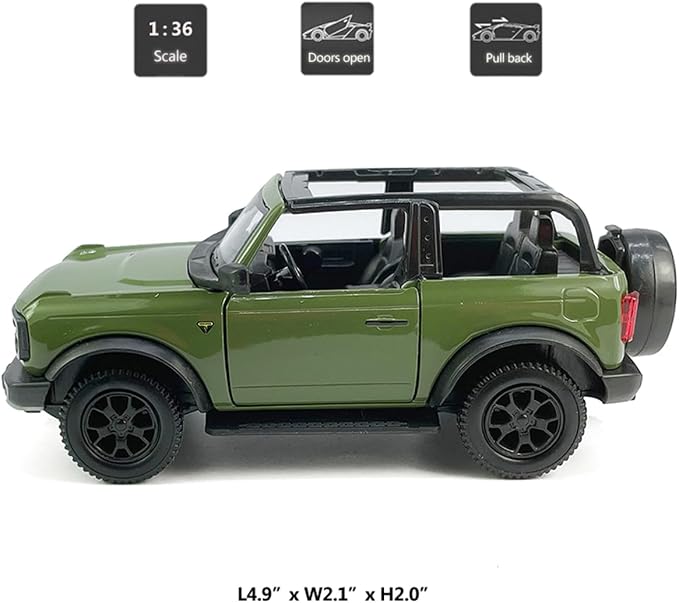 2-Door Convertible Bronco Badlands Model Car 1/36 Scale Diecast Toy Cars Metal Alloy Children’s Vehicles, Pull Back Doors Open, Black Rim, Mens Collection, Kids Toys for Boys Gifts, Cake Topper, green
