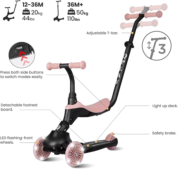 QPlay Toddler Scooter Ages 1 to 6 | Up to 110 Lbs | Kick Scooter with Adjustable Push Handle Height, Lights on Deck & 3 Wheels, Kids Ages 2 to 5 Boys & Girls Gifts (Violet)