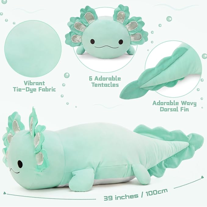 BENINY Large Axolotl Plush Toy, 39" Giant Mint Axolotl Stuffed Animal Plush, Big Huggable Toys Gift for Girls Kids, Long Squishy Pillow for Holiday Birthday Christmas