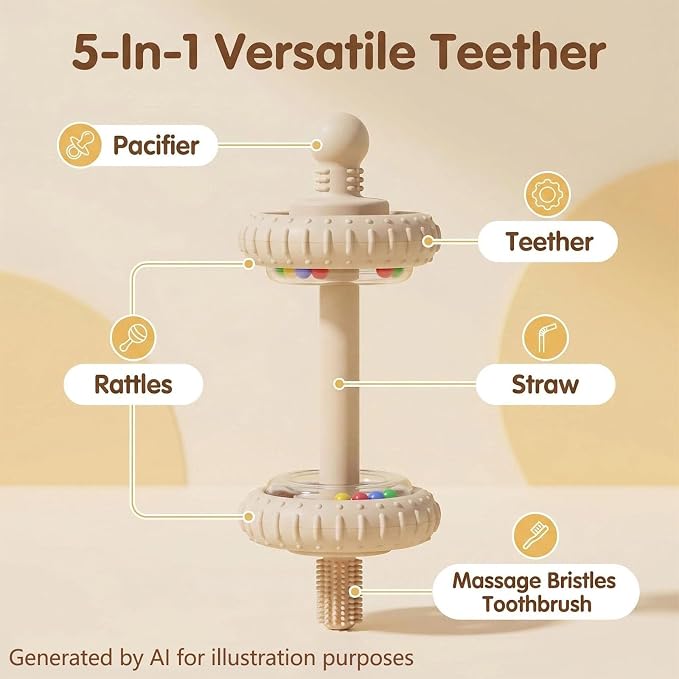 Baby Teething Toys Baby Rattle Teething Straw 3-in-1 Barbell-Shaped, Made from Silicone, Built-in Toothbrush Head and Nipple Shape, Bpa-Free, Phthalate Free, Professionally Certified