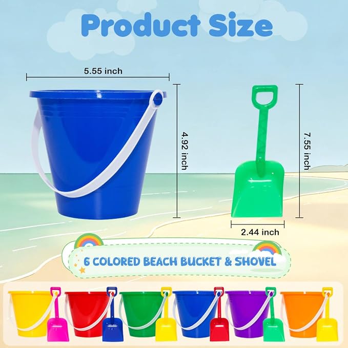 5.28'' Inch Sand Beach Buckets Pail with Shovels,Sand Bucket Water Pail for Beach Fun Great Summer Party Accessory(24 Bucket+24 Shovels)