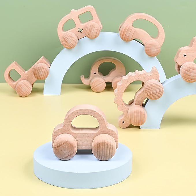 Wooden Toys Cars (2 Pack) for Toddler Montessori Inspired Teething Push Toys Exercise Baby's Grip Ability