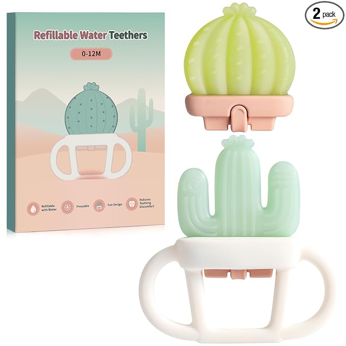 2 Pcs Baby Teether Toy - Water Fillable Teething Relief for Infants 0-12 Months, Silicone Baby Teething Toys Chill Teether, Cools & Massages Sore Gums (Green Cactus)