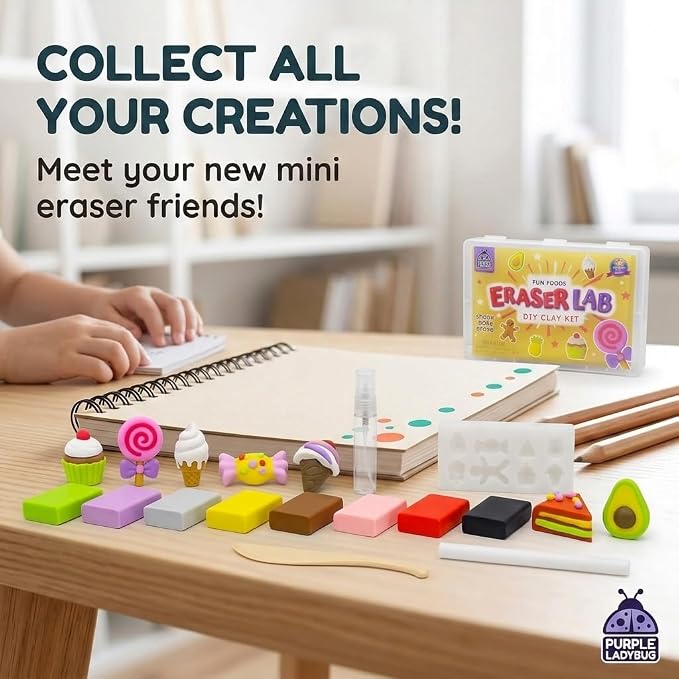 Eraser Lab DIY Clay Kit - Gift Food-Themed Fun Eraser for Kids Craft Set, 8 Clay Colors, Mold Tray & Shaping Tool, Presents for Kids, Creative Activity for Boys & Girls Aged 4+, Birthday Gifts