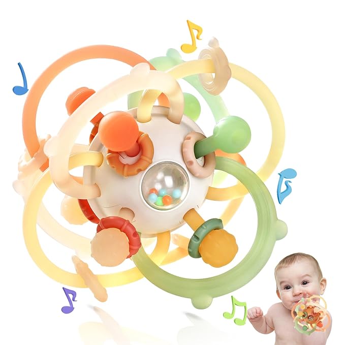 Baby Rattle Teething Toys, Baby Ball Teether Toys for 0 3 6 9 12 18 Months, Silicone Montessori Teethers with Rattle Ball for Newborn Infant, Sensory Delopmental Gift for Boys Girls, Brown