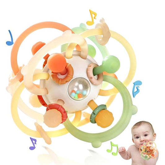 Baby Rattle Teething Toys, Baby Ball Teether Toys for 0 3 6 9 12 18 Months, Silicone Montessori Teethers with Rattle Ball for Newborn Infant, Sensory Delopmental Gift for Boys Girls, Brown