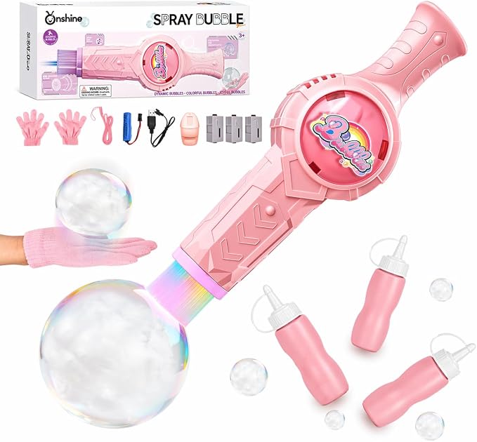 Fog Bubble Machine, Electric Smoke Bubble Maker with Music & Colorful Lights, Magic Interactive Bubble Fog Game for Kids Parties Gift, Includes 3 Refills, Pink