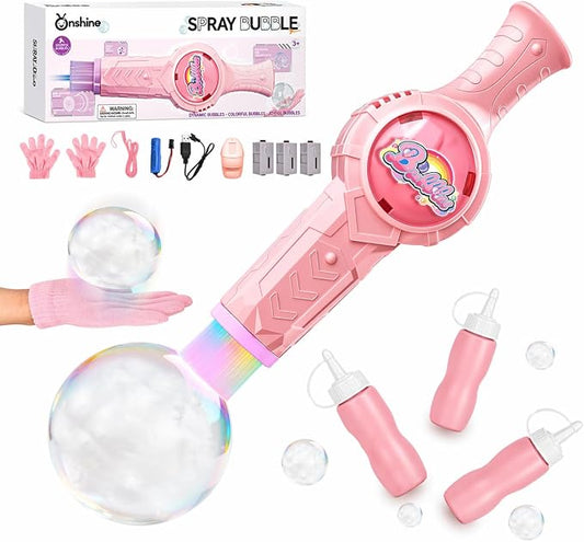 Fog Bubble Machine, Electric Smoke Bubble Maker with Music & Colorful Lights, Magic Interactive Bubble Fog Game for Kids Parties Gift, Includes 3 Refills, Pink