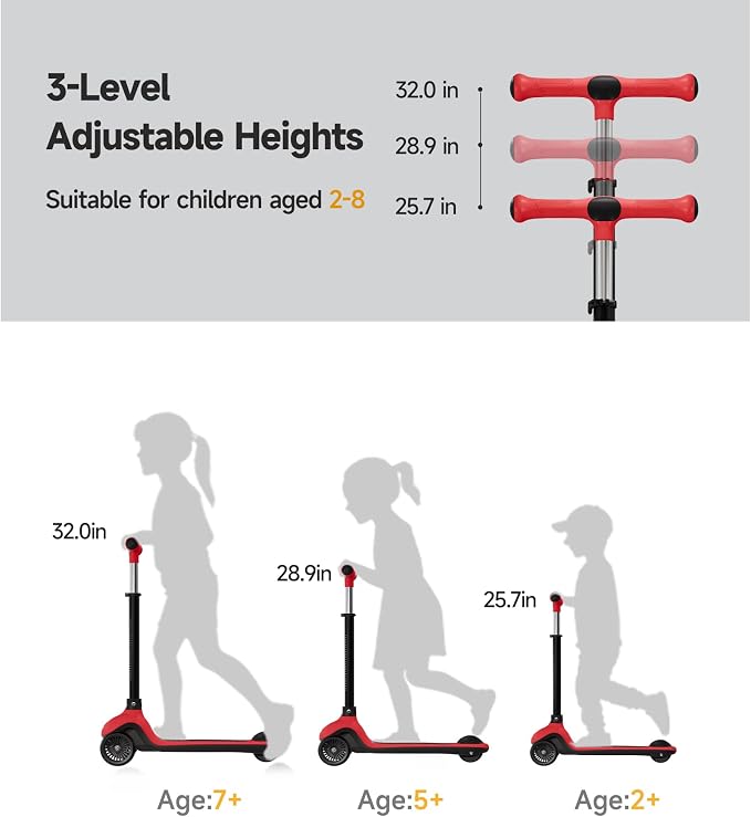 3 Wheel Kick Scooter for Kids, Adjustable Height Foldable Toddler Scooter, Stable Lean-to-Steer Wide Standing Board Scooters