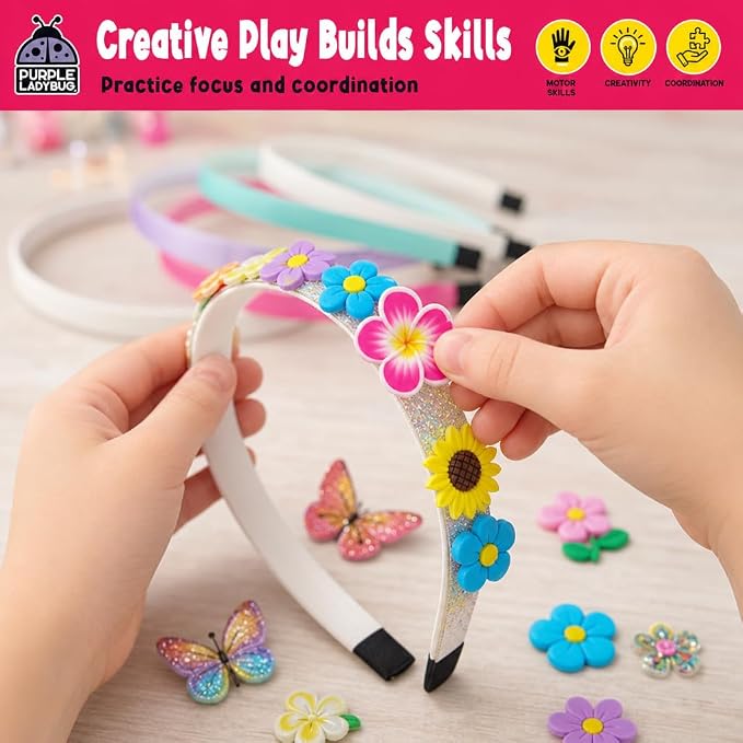 PURPLE LADYBUG Flower Headband Making Kit for Girls - Summer Toys for Kids Ages 4-8, Summer Crafts for Kids, 6 Year Old Girl Birthday Gift, Hair Accessories for Girls, Decorative Craft Activity Set