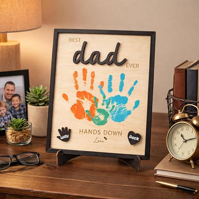 Best Dad Ever Hands Down Sign, Father's Day Wooden DIY Handprint Sign Gifts, Personalized Gift for Dad from Kids, Son, Daughter, Perfect Present for Papa, Daddy, Grandpa, Happy Birthday Gifts