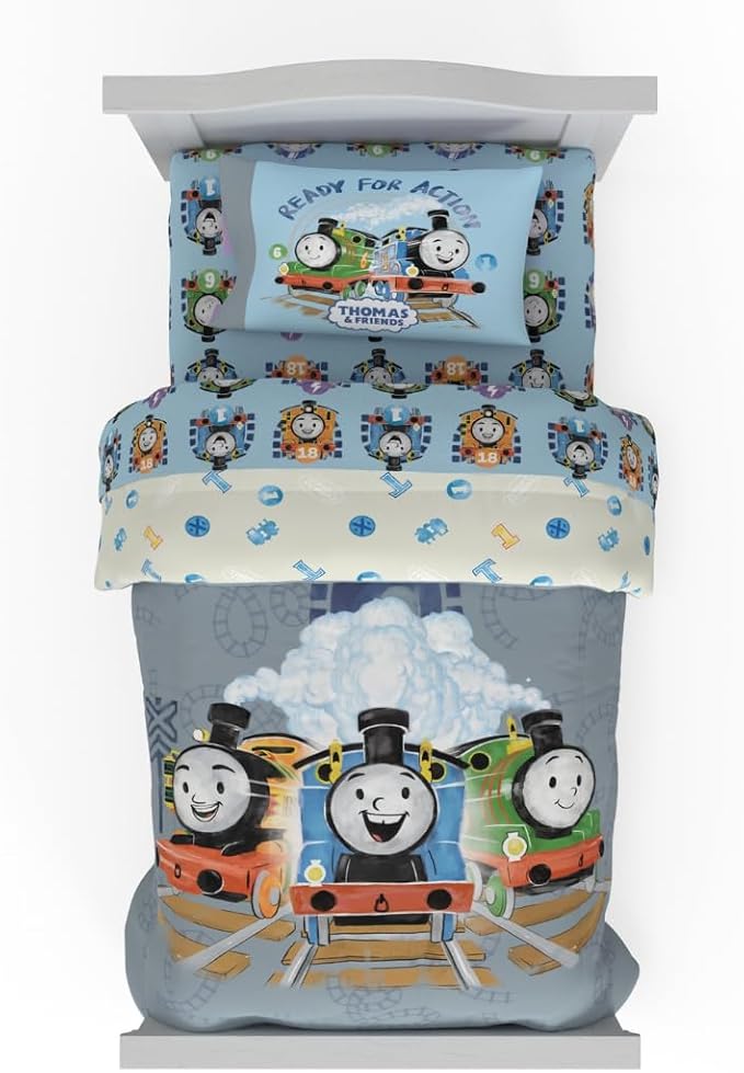 Thomas & Friends 4 Piece Toddler Bed Set – Super Soft & Cozy Reversible Microfiber Comforter and Sheets (Officially Licensed Product) By Franco