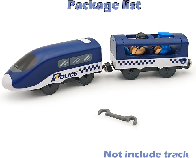 Battery Operated Police Train for Wooden Train Tracks with Figures Kids Magnetic Wooden Trains Set for Toddlers Boys 3-5 4-8 (Without Battery and Tracks) (Blue)