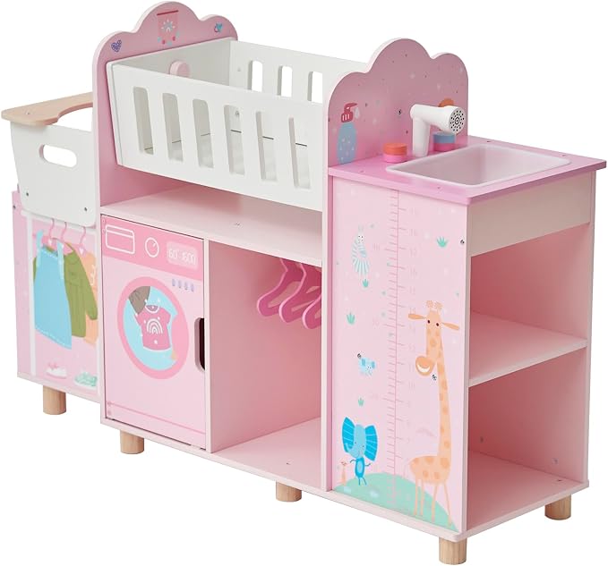 Olivia's Little World Amanda 6-in-1 Wooden Doll Nursery Station, Pink/Multi | Rocking Cradle, High Chair, Storage, Washing Machine and Sink, For 3 yrs and up