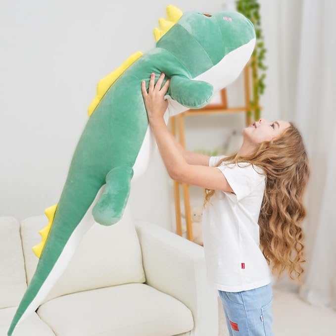 Tianmihou 40 Inch Giant Dinosaur Plush Pillow, Jumbo Green Dinosaur Stuffed Animal, Soft Long Dino Body Pillow for Kids Boys Girls, Huge Dinosaur Plushie Cuddle Toy, Birthday Gift for Children
