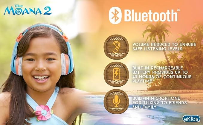 Moana 2 Bluetooth Headphones for Kids. Wireless Headphones for School, Home or Travel
