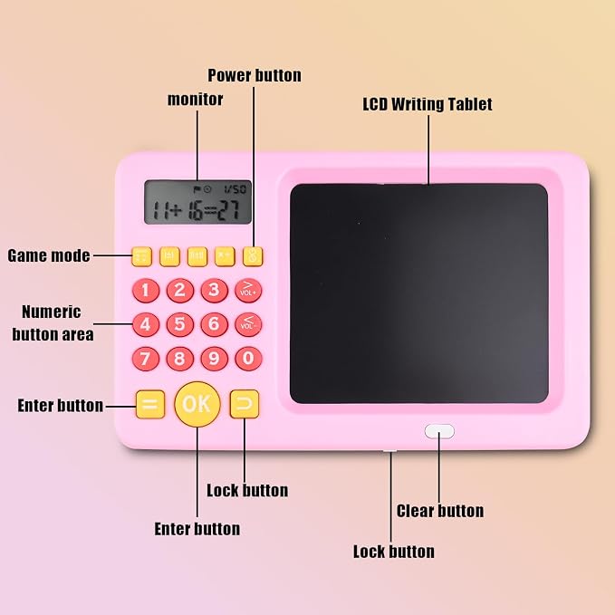 Math Games Toy for Kids Ages 5 6 7 8, LCD Writing Tablet for Kids Educational Math Learning Games, Birthday Gifts for Boys Girls (Pink Colour)