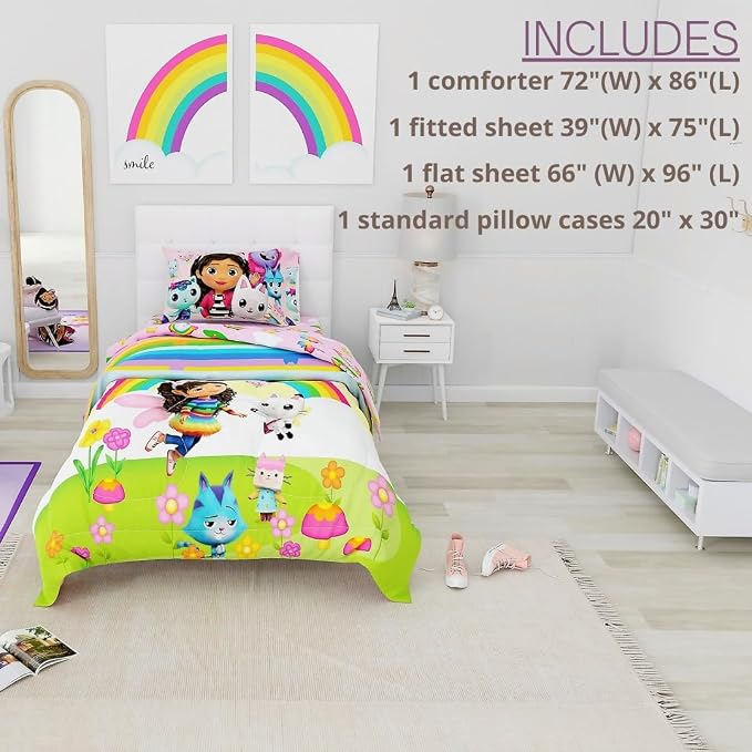 DreamWorks Gabby's Dollhouse Cakey, Mercat and Pandy Kids Bedding Super Soft Comforter and Sheet Set, 4 Piece Twin Size, (Official Licensed Product) by Franco