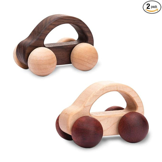 Organic Baby Push Car Wooden Toys 2pc Wood Car and Fine Movement Development and Infant Grasping Montessori Toys