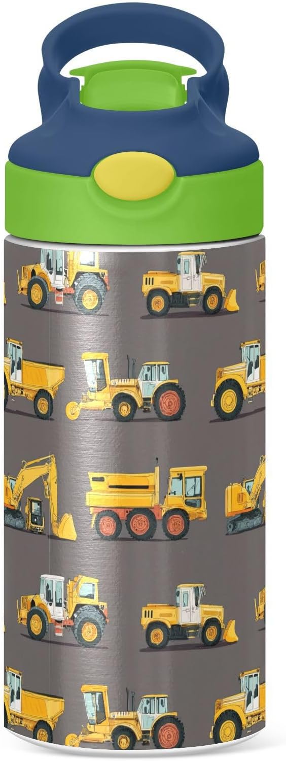 Boccsty Yellow Tractor Truck Kids Water Bottle with Straw Lid Car Insulated Stainless Steel Reusable Tumbler for Boys Girls Toddlers 12 oz Green