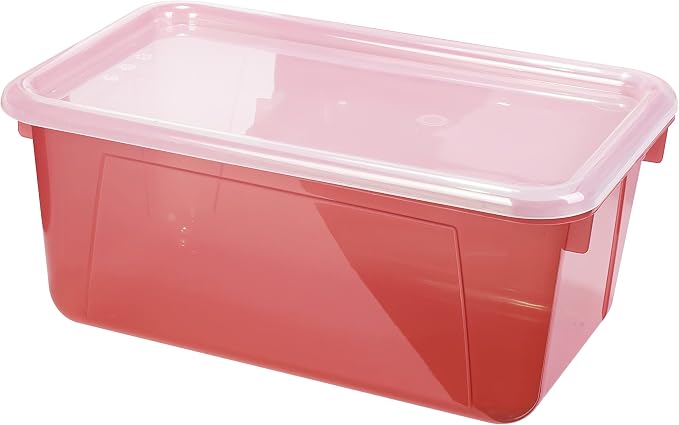 Storex Small Cubby Bins – Plastic Storage Containers for Classroom with Non-Snap Lid, 12.2 x 7.8 x 5.1 inches, Tint Red, 5-Pack (62481A05C)