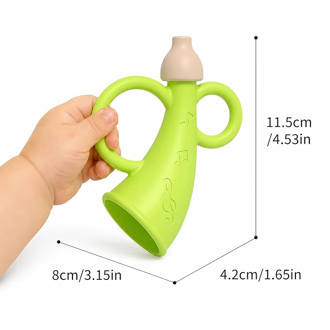 Baby Trumpet Toy 6-12 Months, Silicone Baby horn blowing toy with 2PCS yellow green for Teething Sensory play, Easy Grip Toddler whistle toys 0-6 Months Newborn Gift (Horn)