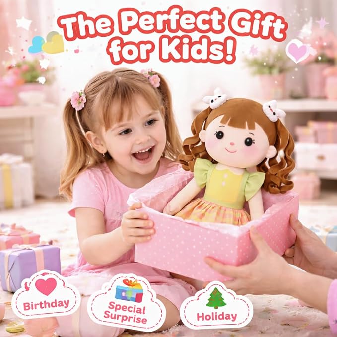 Soft Bunny Baby Doll – 16" Plush Baby Rag Doll with Rabbit Clips, First Baby Doll for 1-Year-Old Girls, Plush Doll for Toddlers and Infants