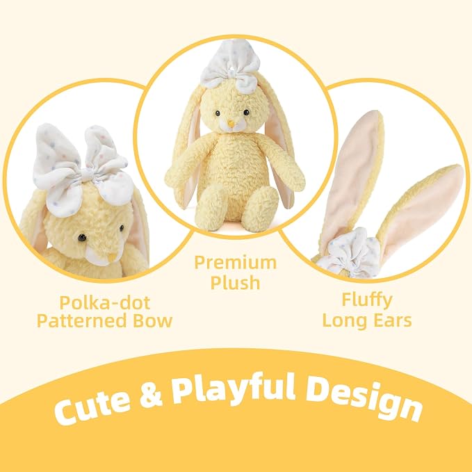 Bunny Stuffed Animal Soft Rabbit Cuddly Toy 8'' Long - Eared Plush Bunny with White Bow Plush Toys for Babies and Toddlers