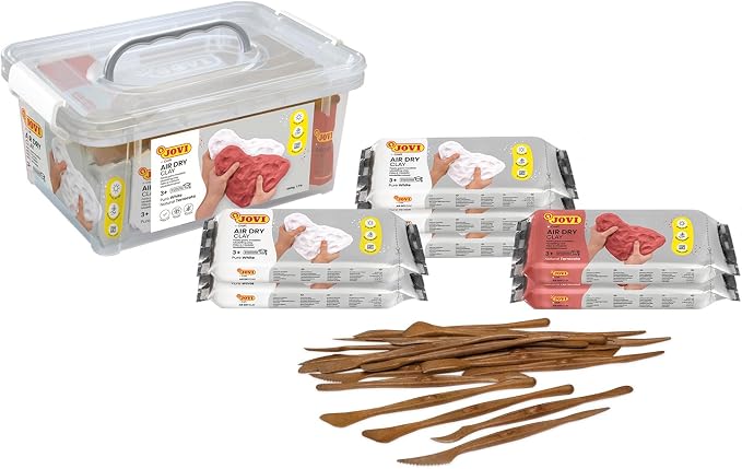 Jovi - Complete Air Dry Clay Set - 5 White and 2 Terracotta 1.1 lb Bars + 20 Sculpting Tools - Plastic Container - Easy to Store and Carry - Pottery Supplies