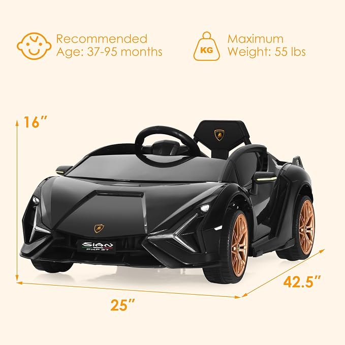 OLAKIDS Licensed Lamborghini SIAN 12V Kids Ride On Car, Toddler Electric Vehicle with Remote Control 2 Speeds Wheels Suspension, Battery Powered Toy with Music Bluetooth USB (Black Golden)