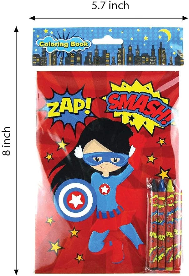 TINYMILLS Superhero Coloring Books for Kids – 12 Coloring Books with 48 Crayons, Superhero Party Favors, Classroom Rewards, Favor Bag Fillers, Superhero Birthday Party Supplies