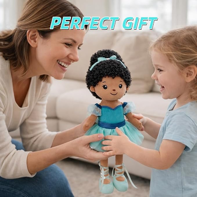 Ballerina Doll Soft Plush Baby Doll,Black Ballet Doll with Green Outfit,Gifts for Girls Birthday,Toys for Toddler Kids Infants (Black)
