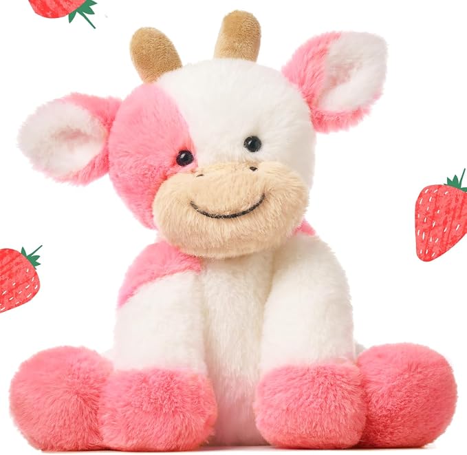 Hopearl Adorable Plush Cow Toy Floppy Dairy Cattle Soft Kawaii Stuffed Animal Cute Birthday Holiday Gift for Boys Girls Kids Toddlers, Strawberry Pink, 9''