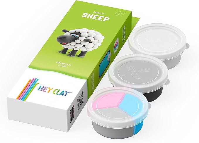 Hey Clay Animals - Claymate Sheep - Colorful Modeling Air Dry Clay for Kids 3+ - Air-Drying Clay Kit 3 Cans with Fun Interactive App