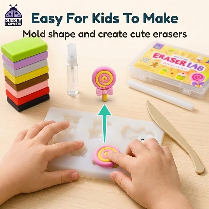 Eraser Lab DIY Clay Kit - Gift Food-Themed Fun Eraser for Kids Craft Set, 8 Clay Colors, Mold Tray & Shaping Tool, Presents for Kids, Creative Activity for Boys & Girls Aged 4+, Birthday Gifts