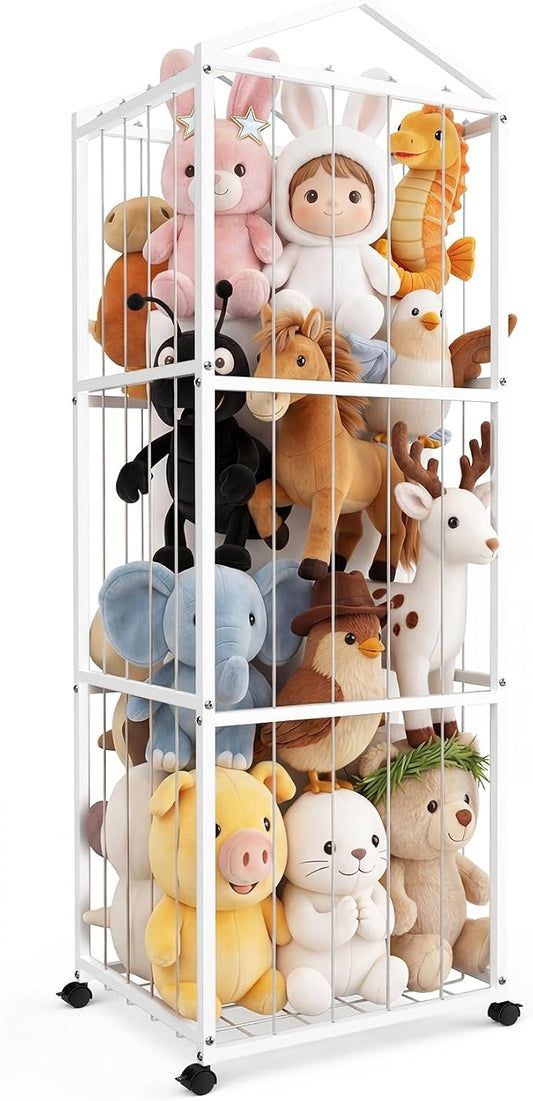 NomNest Stuffed Animal Storage Zoo – Large Metal Plushie Organizer Holds 50+ Toys, Heavy Duty Teddy Bear Toy Holder with Wheels for Bedroom, Playroom, Nursery (White)