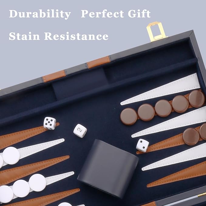 Backgammon Set - Classic Board Game with Premium PU Leather Case - Portable Travel Strategy Backgammon Game Set for Adults, Kids Family Game Night, Vacation & Gifts (18inch Large, Navy)