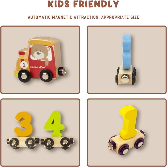 WOODENFUN Number Train Set for 1 2 3 Year Olds, Educational Toy Cars for Toddlers, Montessori Learning Toys for Boys and Girls