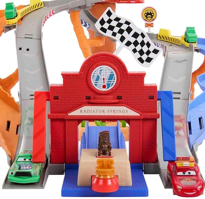 Mattel Disney and Pixar Cars Toy Playset, Lightning McQueen & Chicks Hicks & 2 Pitty Crew Vehicles, 2 Ways to Race, Race & Rescue Rescue Road Raceway