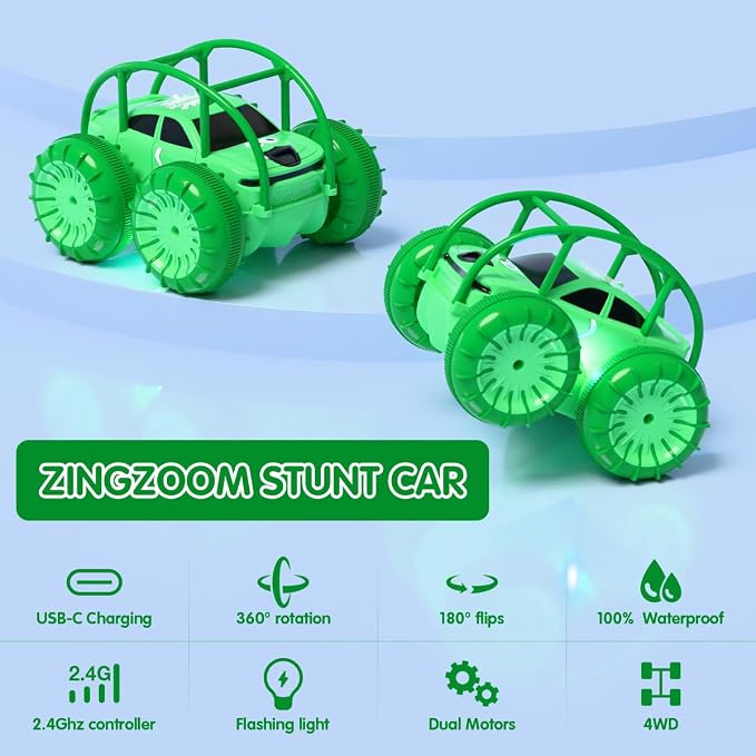 Remote Control Car, Fast Direct Charging RC Cars Amphibious Rechargeable Stunt Car 360° Rotating LED 2.4Ghz 4WD All Terrain Water-Resistant Toy Christmas Birthday Gift for Kids Boys