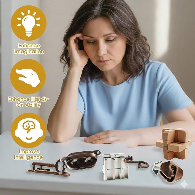 9PCS Brain Teaser Puzzles for Adults, Mind Puzzle Ancient Wooden and Metal Puzzles 3D Unlock Interlock IQ Puzzle Box Game for Adults