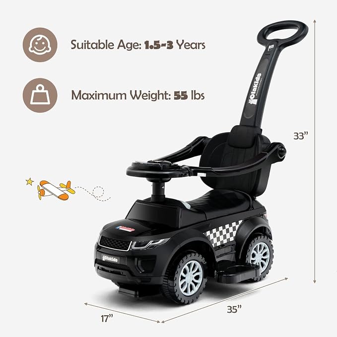 OLAKIDS 4 in 1 Ride on Push Car, Toddlers Stroller Sliding Walking with Horn, Music, Lights, Removable Guardrails and Handle, Underneath Storage, Foot-to-Floor Walker for Boys Girls (Dark)